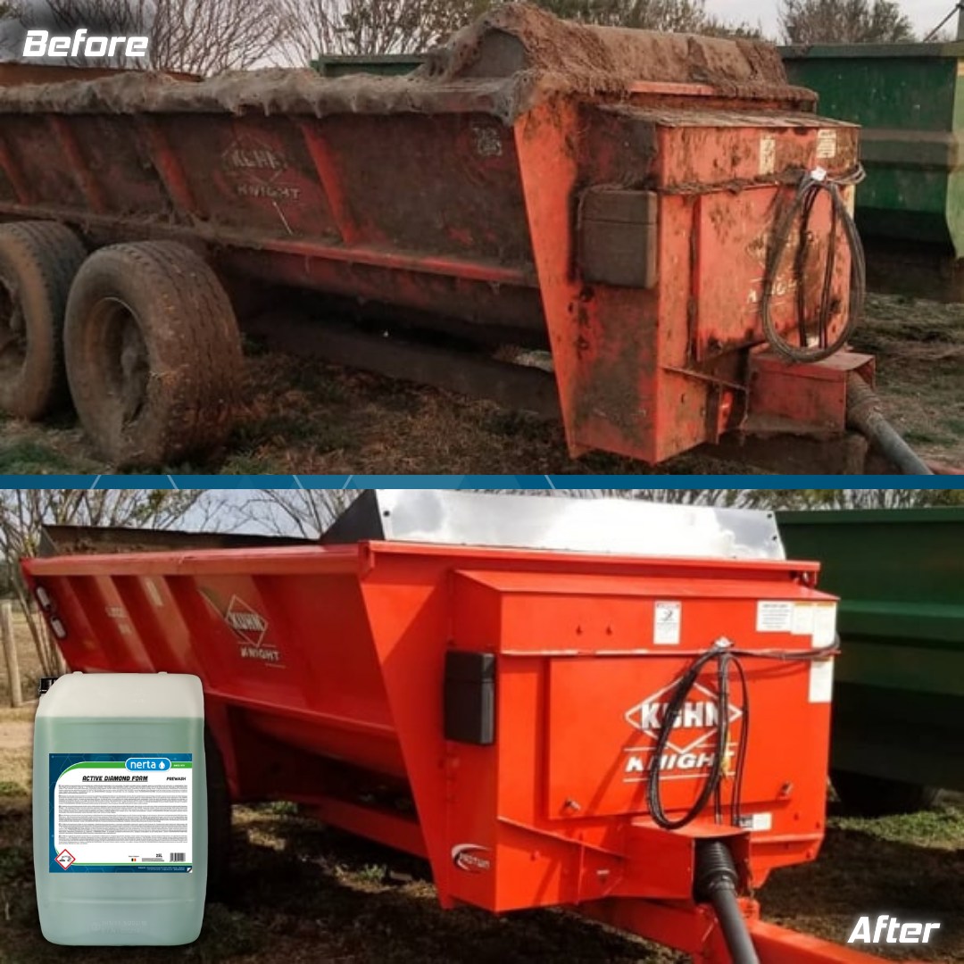 Before and after comparison of a rusted red trailer with cleaning solution.